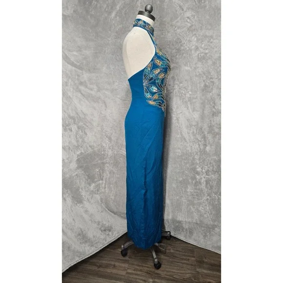 Alyce Design Teal 100% Silk Beaded Sequin Halter Gown Dress Vintage Prom Mermaid - Picture 4 of 9
